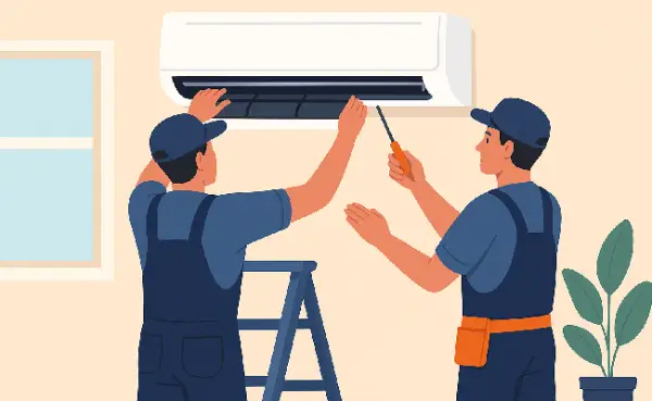 Dua teknisi AC merawat AC split di rumah, ilustrasi pentingnya service AC split terdekat agar tetap awet dan dingin.