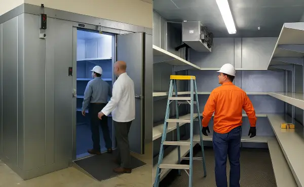 Proses service walk in freezer oleh teknisi untuk memastikan kondisi unit tetap berfungsi dengan baik dan aman.