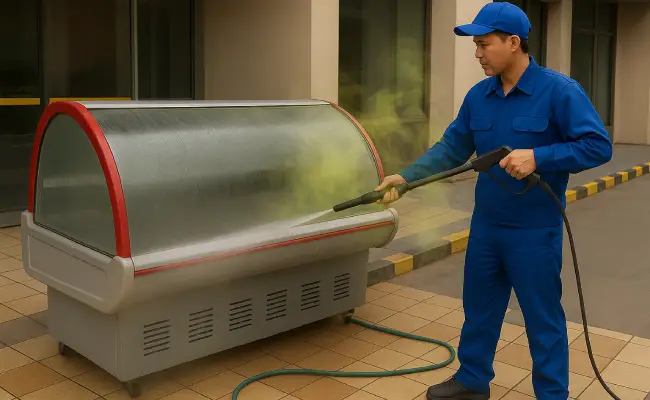 Proses Maintenance Chiller daging dilakukan oleh teknisi berseragam biru dengan alat semprot air. Chiller daging yang baru selesai dicuci tampak basah dan mengeluarkan efek aroma tak sedap dari dalam, menandakan perlunya Service Chiller daging lanjutan