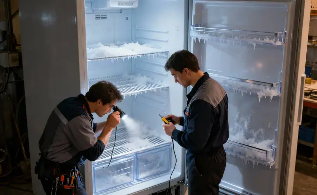 tumpukan es terlihat akibat belum dilakukan service deep freezer