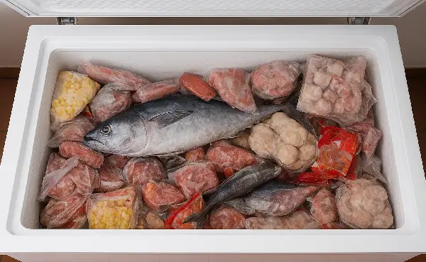 Kondisi isi chest freezer yang berantakan