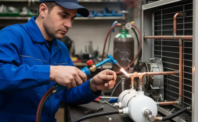 teknisi sedang melakukan modifikasi ac jadi chiller