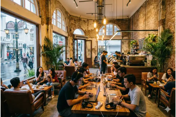 suasana orang yang tampak santai sambil beraktivitas di dalam kafe