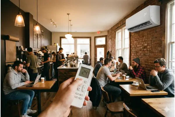 Tangan memegang remote untuk mengatur Suhu AC Ideal untuk Coffee Shop di angka 24°C agar suasana nyaman.