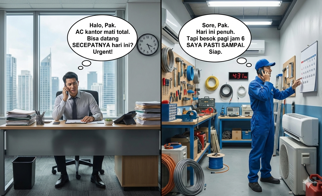 manajer operasional sedang janjian dengan teknisi AC