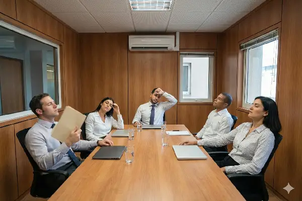 Karyawan di ruang rapat kecil yang panas dan gerah, terlihat tidak nyaman dan menunggu Service AC panggilan kantor untuk Maintenance AC Kantor Jogja.