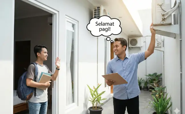 Pemilik kost eksklusif putra sedang melakukan inspeksi ringan pada unit outdoor sebagai bagian dari perawatan AC rutin sambil menyapa penghuni.