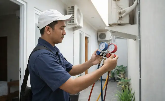 Teknisi sedang cek tekanan freon saat perawatan AC guest house rutin. Pastikan dingin maksimal dengan Kontrak Service AC Hotel Melati agar bebas komplain tamu.