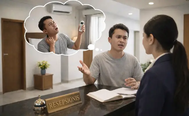 tamu komplain AC panas di lobi hotel. Cegah risiko bad review ini dengan Kontrak Service AC Hotel Melati untuk perawatan AC guest house yang rutin.