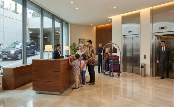 Keluarga check-in di lobi hotel yang sejuk; kenyamanan tamu ini terjaga berkat pemantauan data service AC rutin yang mencegah ruangan menjadi panas.