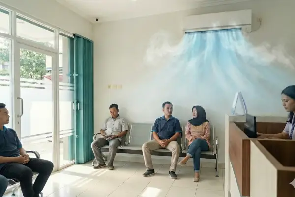Pasien duduk nyaman di ruang tunggu klinik yang sejuk dengan visualisasi udara dingin dari unit AC, bukti pentingnya rutin Service AC Klinik Jogja agar AC dingin maksimal