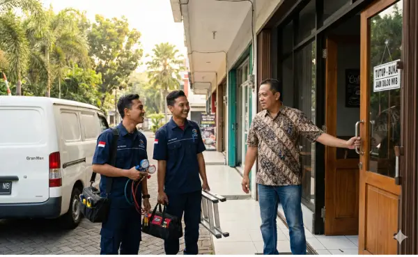 teknisi ac datang untuk melakukan maintenance rutin di salah satu kafe