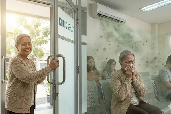 Wanita lansia menutup hidung akibat udara kotor dari AC bau apek di ruang tunggu klinik, menunjukkan perlunya Service AC Praktek Dokter segera.