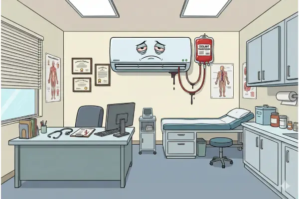 Ilustrasi AC split 'sekarat' di ruang praktek dokter akibat kurang perawatan, segera hubungi teknisi AC panggilan cepat.