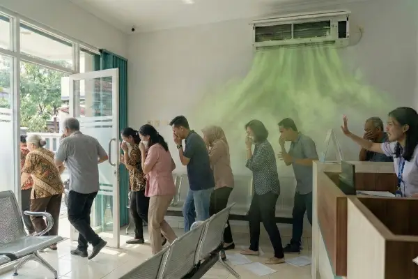 Pasien berhamburan keluar ruang tunggu klinik sambil menutup hidung karena tidak tahan dengan AC bau apek dan kotor, mengabaikan staff yang mencoba mencegah. Bukti fatal akibat menunda Service AC Praktek Dokter.