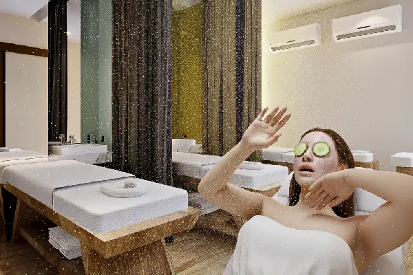 Ilustrasi pentingnya kebersihan udara klinik kecantikan; seorang klien terkejut saat debu jatuh dari AC yang tidak terawat.