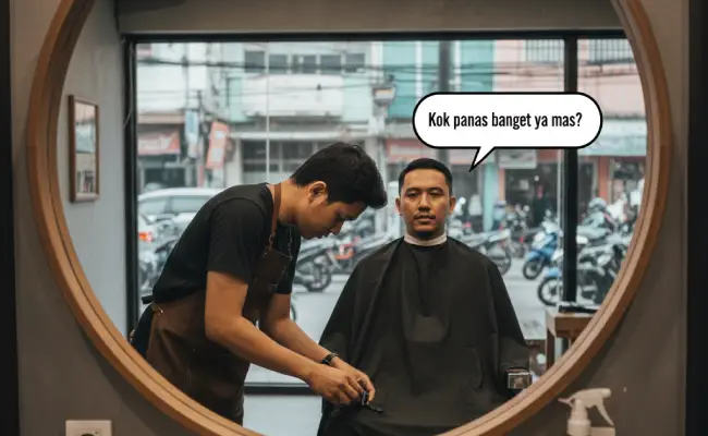 Ilustrasi pelanggan mengeluh barbershop panas akibat AC tersumbat rambut halus.