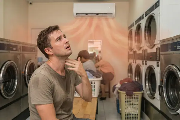 Pelanggan laundry kepanasan akibat AC rusak, tanda perlunya service AC laundry rutin.
