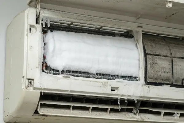 Unit indoor AC yang kotor dan mengalami evaporator beku, kondisi yang menghambat efisiensi energi AC dan memicu tagihan listrik kantor bengkak daripada menjadi AC Kantor Hemat Listrik