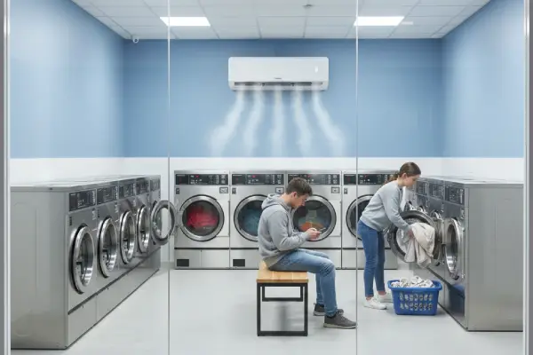 Interior bisnis laundry nyaman dengan AC dingin, hasil dari service ac laundry rutin.