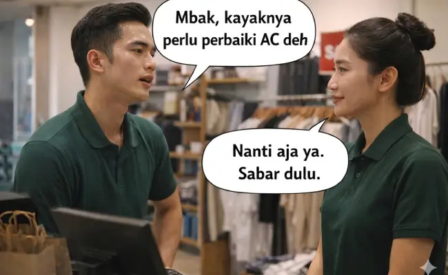 staff toko bertanya pada manajer toko kapan Service AC distro dilakukan.