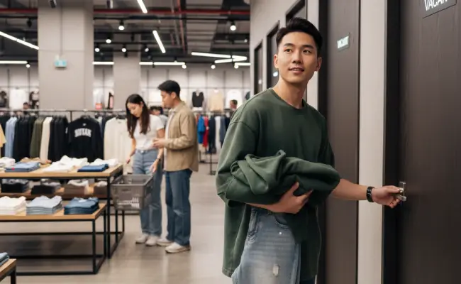 Pelanggan sebuah toko baju ingin mencoba pakaian yang ia pilih di fitting room.