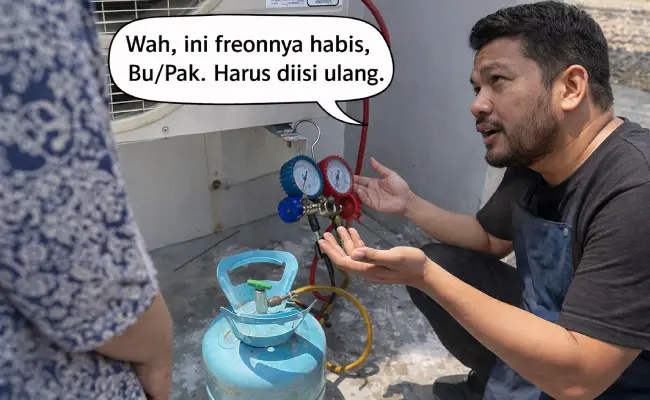 teknisi memberitahukan kepada pelanggan bahwa perlu isi freon ac kembali