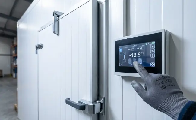 staff memeriksa suhu cold storage yang ada di panel kontrol