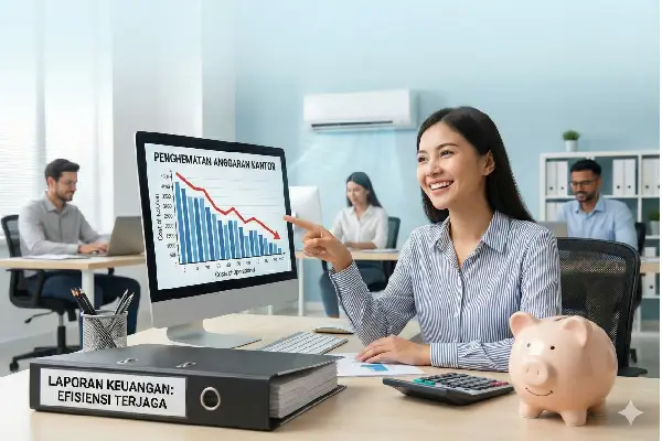 Manajer keuangan tersenyum lega melihat grafik penghematan, membuktikan AC Kantor Hemat Listrik berhasil mencegah tagihan listrik kantor bengkak