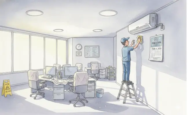 OB kantor sedang membersihkan AC indoor dari debu yang menumpuk.