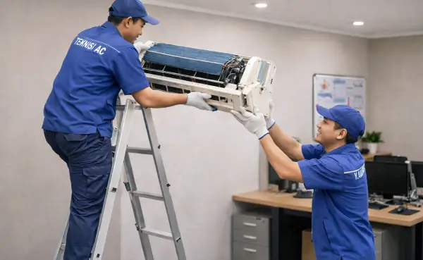 teknisi sedang menurunkan AC sebelum dilakukan cuci besar AC