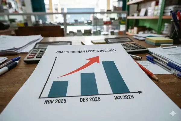 Grafik kenaikan tagihan listrik bulanan yang drastis sebagai indikator penurunan umur ekonomis AC pada inventaris aset AC kantor.