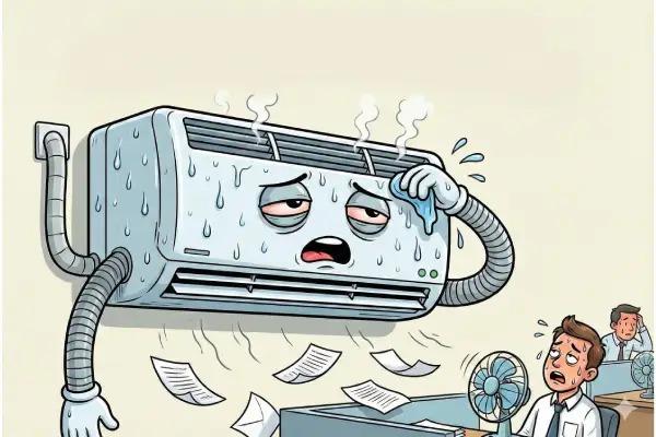 Ilustrasi unit AC yang tampak hidup sedang kelelahan dan menyeka keringat, menandakan umur ekonomis AC yang sudah tua pada inventaris aset AC kantor.