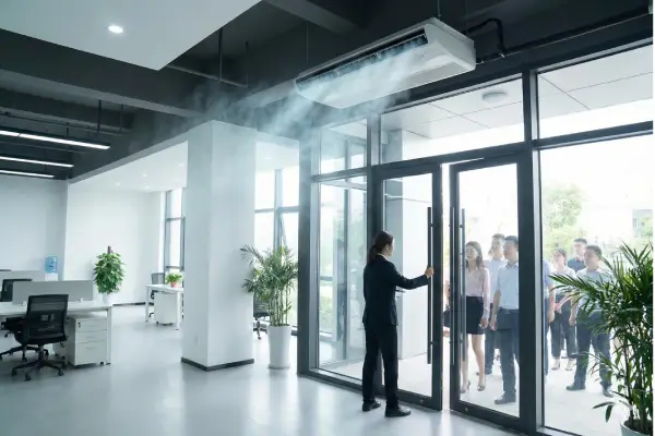 Suasana lobi kantor berdinding kaca yang sejuk saat karyawan menyambut tamu, menunjukkan inventaris aset AC kantor tipe ceiling yang beroperasi optimal dengan hembusan udara dingin yang terlihat.