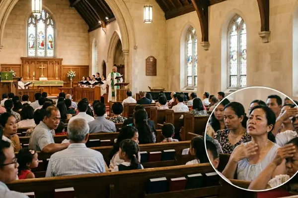 terlihat jemaat wanita yang kepanasan di dalam gereja