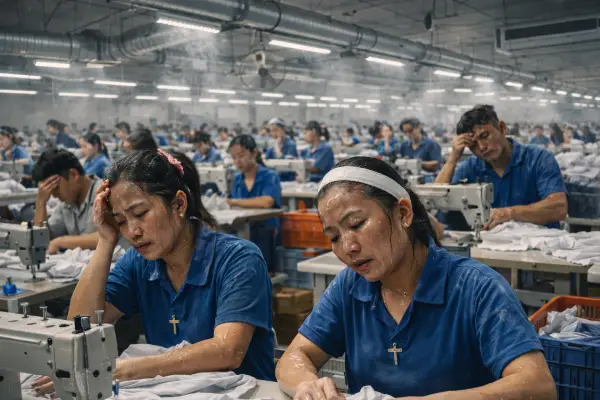 potret pekerja di pabrik yang kepanasan akibat Filter AC tersumbat debu kain