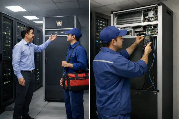 teknisi ac datang untuk melakukan maintenace pendingin udara di ruangan server