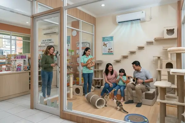 Pelanggan tengah asyik bermain bersama kucing yang ada di dalam ruangan khusus yang ada di petshop