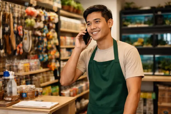 staff petshop yang sedang menghubungi teknisi ac