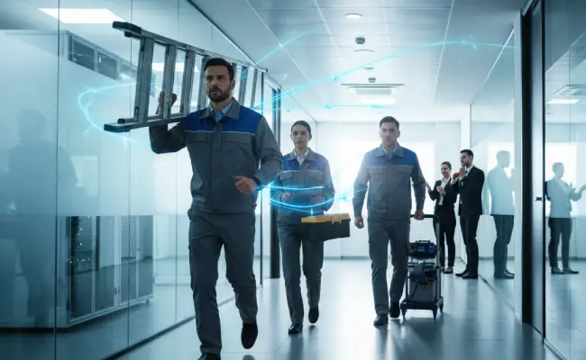 teknisi AC yang datang untuk melakukan maintenance AC di sebuah ruangan kantor