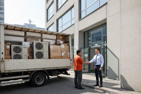 kurir baru saja mengantarkan unit ac ke kantor baru