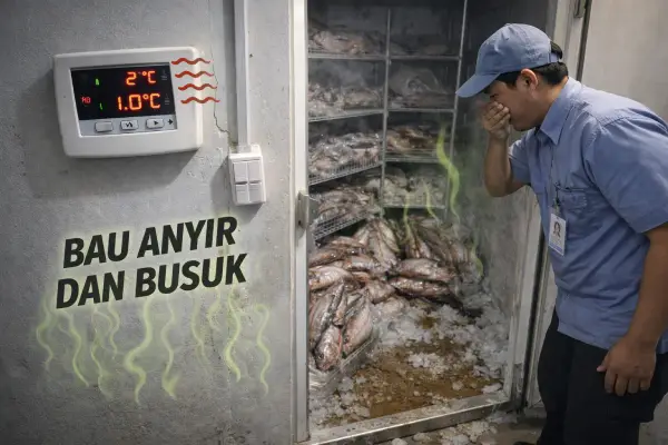 suhu gudang beku tidak stabil membuat stok ikan beku di dalamnya menjadi rusak.