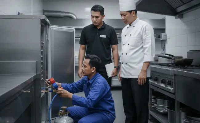 pengecekan freon oleh teknisi pada freezer dapur