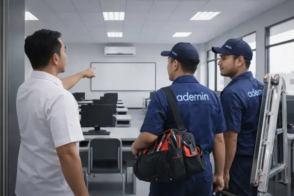 teknisi ademin datag untuk memperbaiki ac di lab komputer