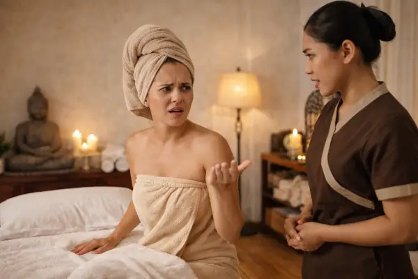 seorang pelanggan spa tampak komplain ke staff karena ia merasa tak nyaman selama spa dilakukan akibat ac yang berisik dan udara yang panas