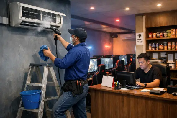 teknisi sedang Maintenance AC Warnet Gaming